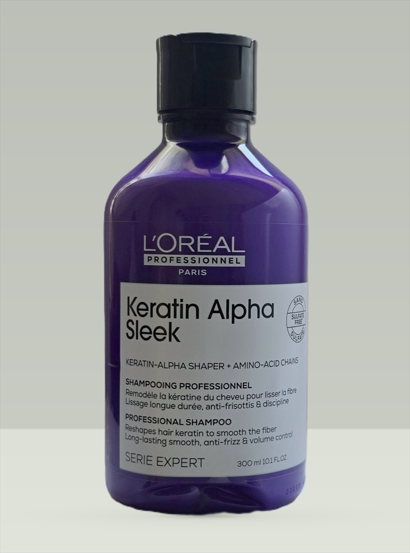 Keratin Alpha Sleek Shampoo, 300 ml, violette Flasche mit weißem Etikett